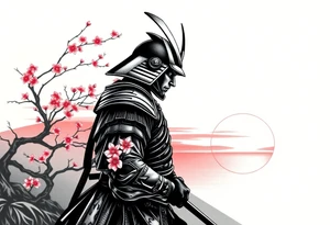 noble samurai warrior silhouette at sunset with cherry blossoms tattoo idea