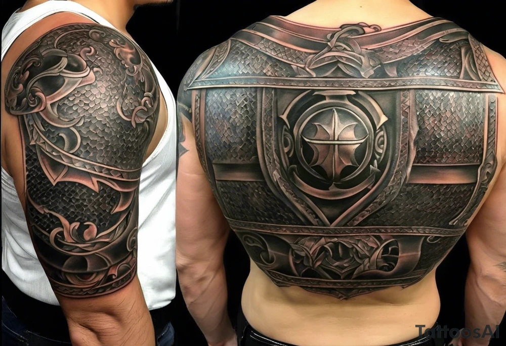 half sleeve tattoo. from a distance looks like a pauldron but closer the pieces of armor are from parts of my life. family, and interests. Father of 3 boys (1 passed), husband, martial arts for 3 decades. 1 1st degree and 1 2nd degree black belt.  Lets start there. tattoo idea