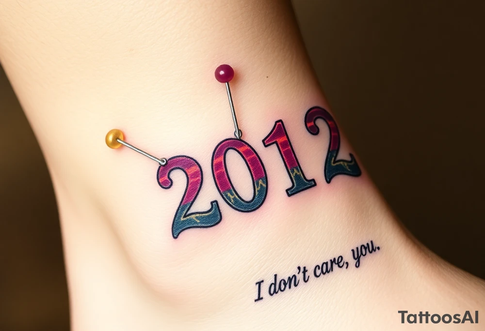 Safety pins through the skin attaching a running number with 2012 and purple and gold accents with “I don’t care, I love it” around the outside tattoo idea