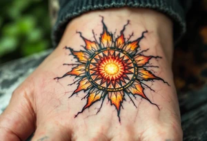 Slavic Sun Wheel – A radiant wheel in fiery tones of orange and red, with radial rays edged in black, backed by cracked stone or parchment. tattoo idea