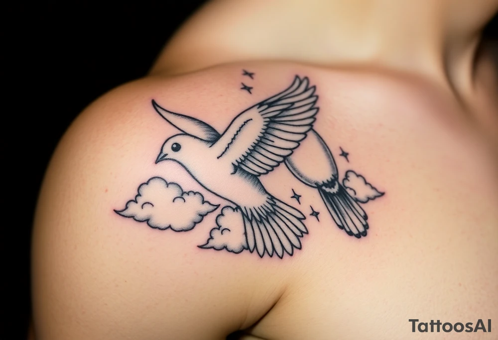 Dove and a blue jay, clouds, shining light to or from heaven tattoo idea