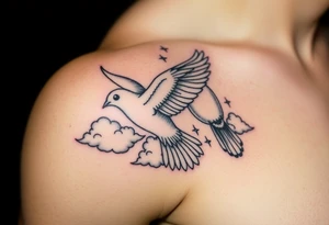 Dove and a blue jay, clouds, shining light to or from heaven tattoo idea