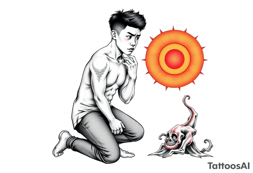 Handsome Asian young guy is standing on his knees sorry tattoo idea