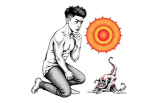 Handsome Asian young guy is standing on his knees sorry tattoo idea