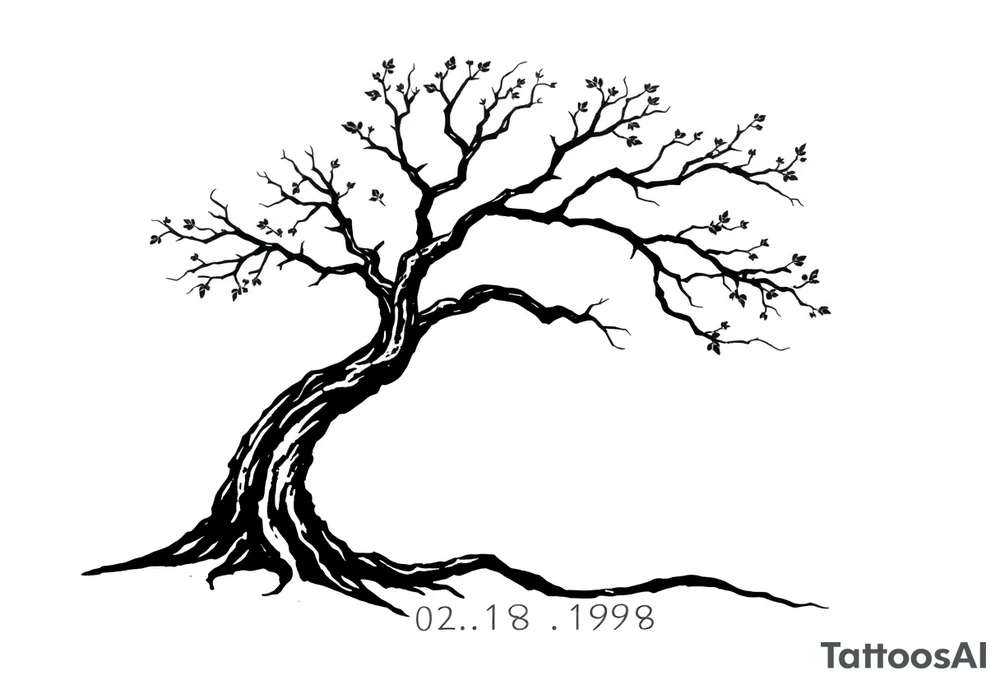 simple windy tree with date 02.18.1998 tattoo idea