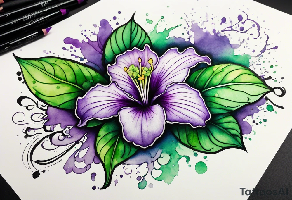 A mystical outline of a green and purple rio dipladenia flower and a green and purple watercolor splash in the background tattoo idea