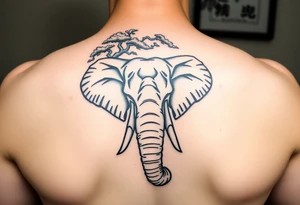 Head of an elephant with bonsai tree behind it Japanese style tattoo idea