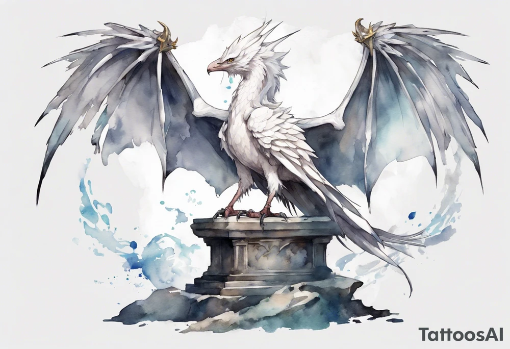 a white bird-wyvern hybrid wearing a plain iron diadem, standing on a stone throne tattoo idea