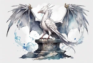 a white bird-wyvern hybrid wearing a plain iron diadem, standing on a stone throne tattoo idea