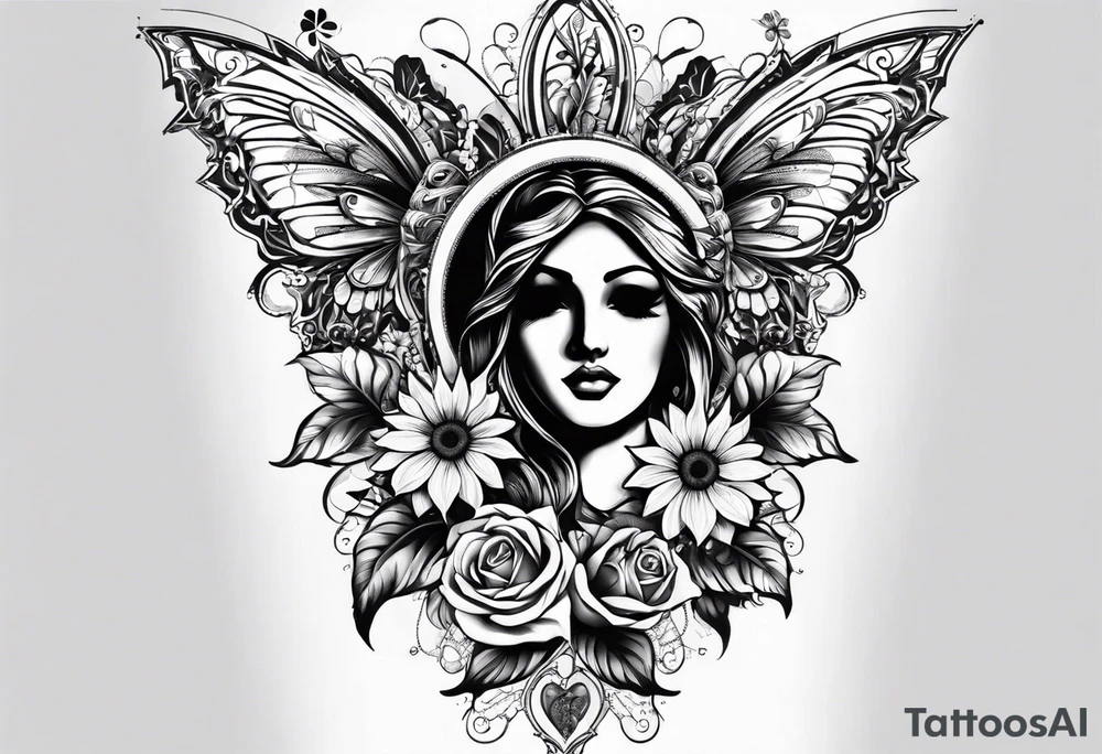 Arm sleeve with Winged cross with sunflower and butterflies tattoo idea