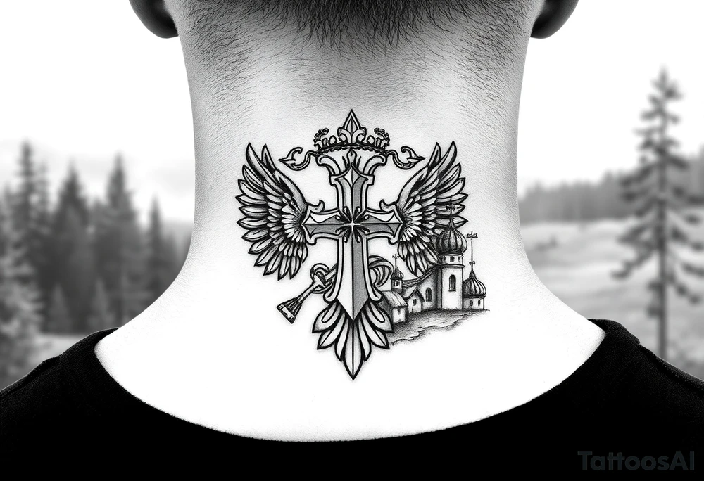 russian coat arms in a russian christian orthodox cross with the cross in the middle with a virgin mary & orthodox dome church on the side of the neck in a wilderness setting tattoo idea