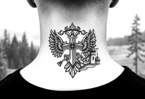 russian coat arms in a russian christian orthodox cross with the cross in the middle with a virgin mary & orthodox dome church on the side of the neck in a wilderness setting tattoo idea