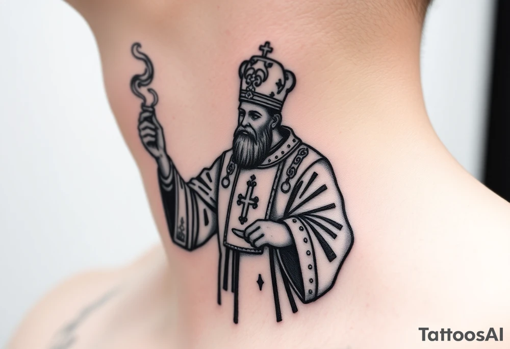 Russian Orthodox Priest in fully detailed vestment swinging a censer with smoke curling upward tattoo idea