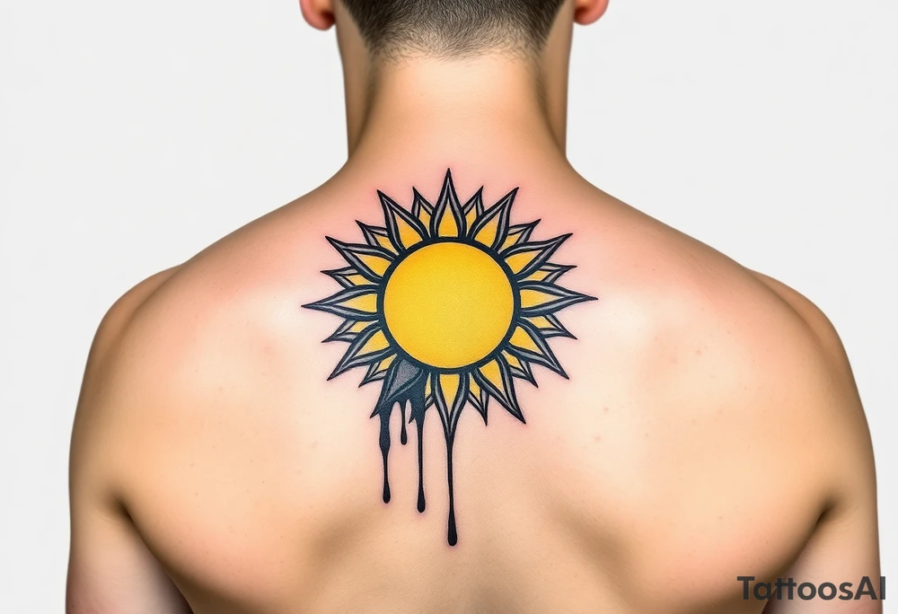 Donbass flag in a circle, colours black and yellow sun. Sun is bleading with blood. 5 cm diameter. Локація: ліва верхня частина грудей, ближче до серця tattoo idea