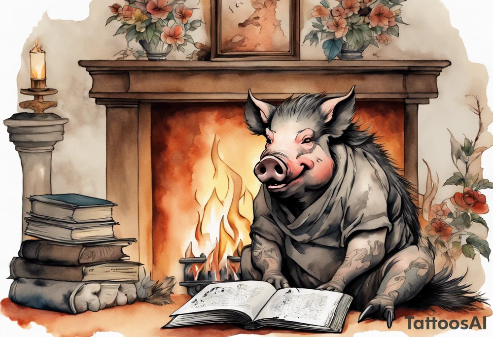 an boar with tusks sitting by a fireplace reading a book tattoo idea