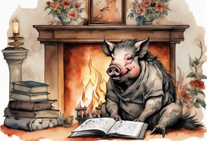 an boar with tusks sitting by a fireplace reading a book tattoo idea