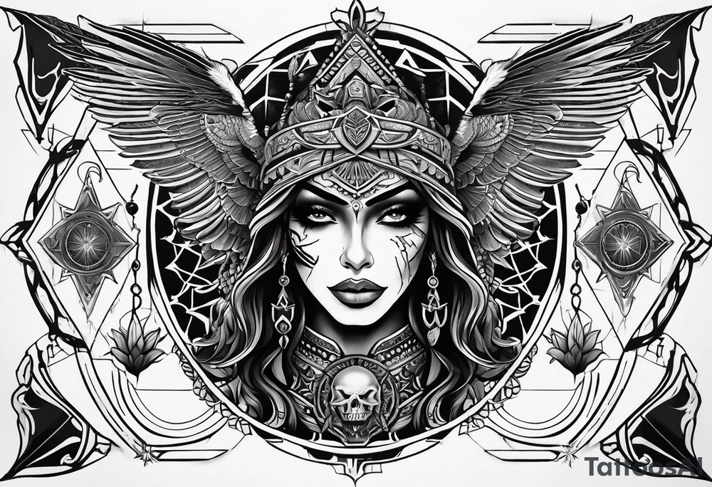 black kali, goddess pirate, alien, pachamama, valkrye, warrior, skull, lotus azul, wing, eagle, zenza resonance, stars, 5D, anahata chakra tattoo idea
