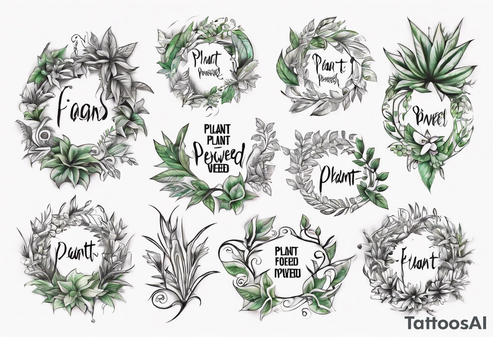 Words “Plant Powered” spelled out with plants and vines through out the words tattoo idea