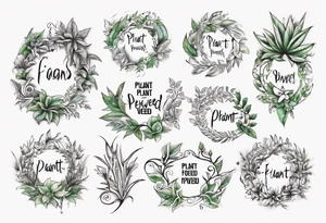 Words “Plant Powered” spelled out with plants and vines through out the words tattoo idea