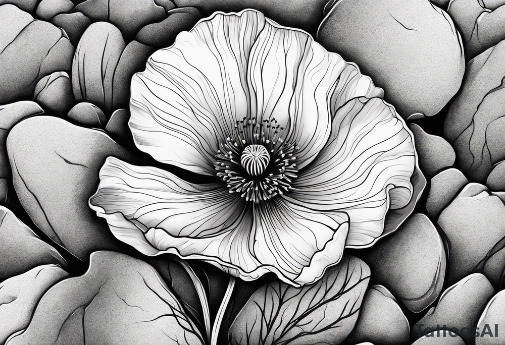 Lone  poppy growing out of boulder with roots enveloping rock tattoo idea