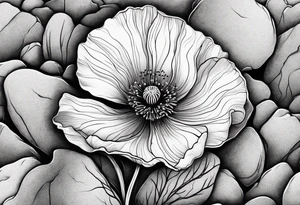 Lone  poppy growing out of boulder with roots enveloping rock tattoo idea