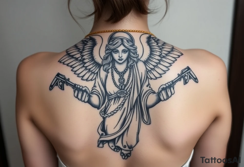 old angel statue in criminal style, tattooed and at the same time contemporary, weapons in hand, gangster-style gold necklaces tattoo idea