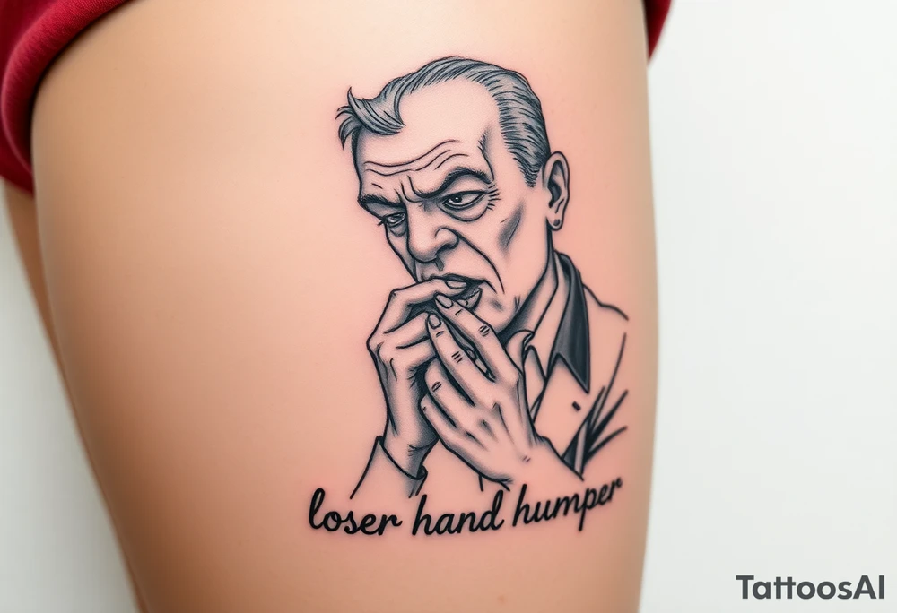 pathetic ugly man with small penis masturbating with caption “loser hand humper” tattoo idea