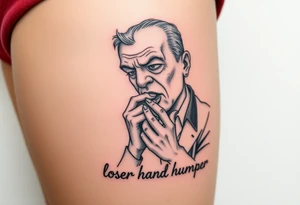 pathetic ugly man with small penis masturbating with caption “loser hand humper” tattoo idea