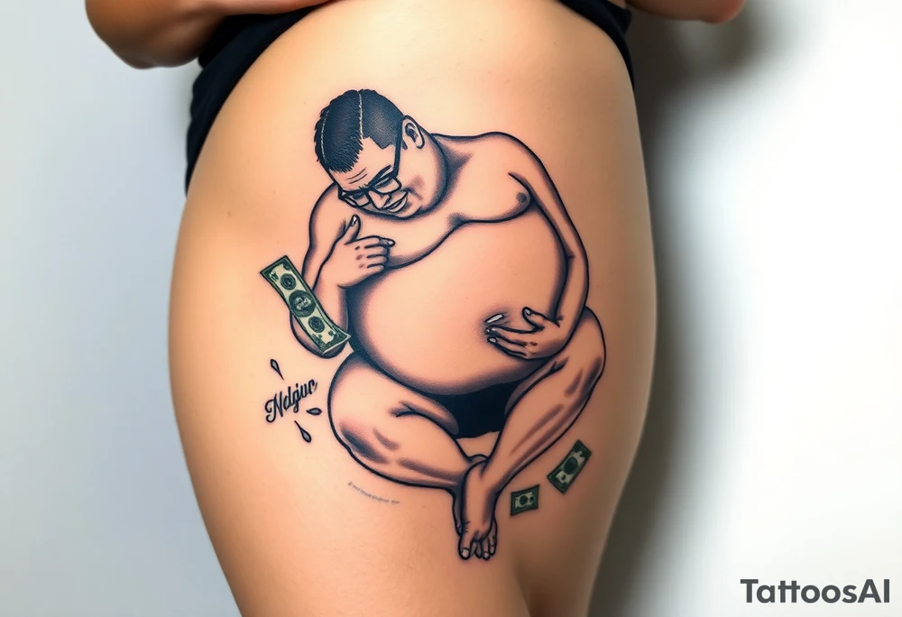 pathetic beta male with disgusting saggy body, fat belly and limp dick on his knees offering money tattoo idea