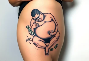 pathetic beta male with disgusting saggy body, fat belly and limp dick on his knees offering money tattoo idea