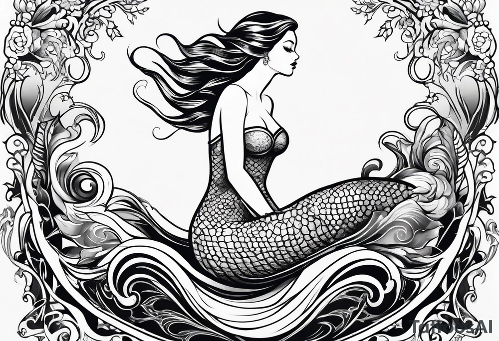 mermaid full body, waves, dark work tattoo idea