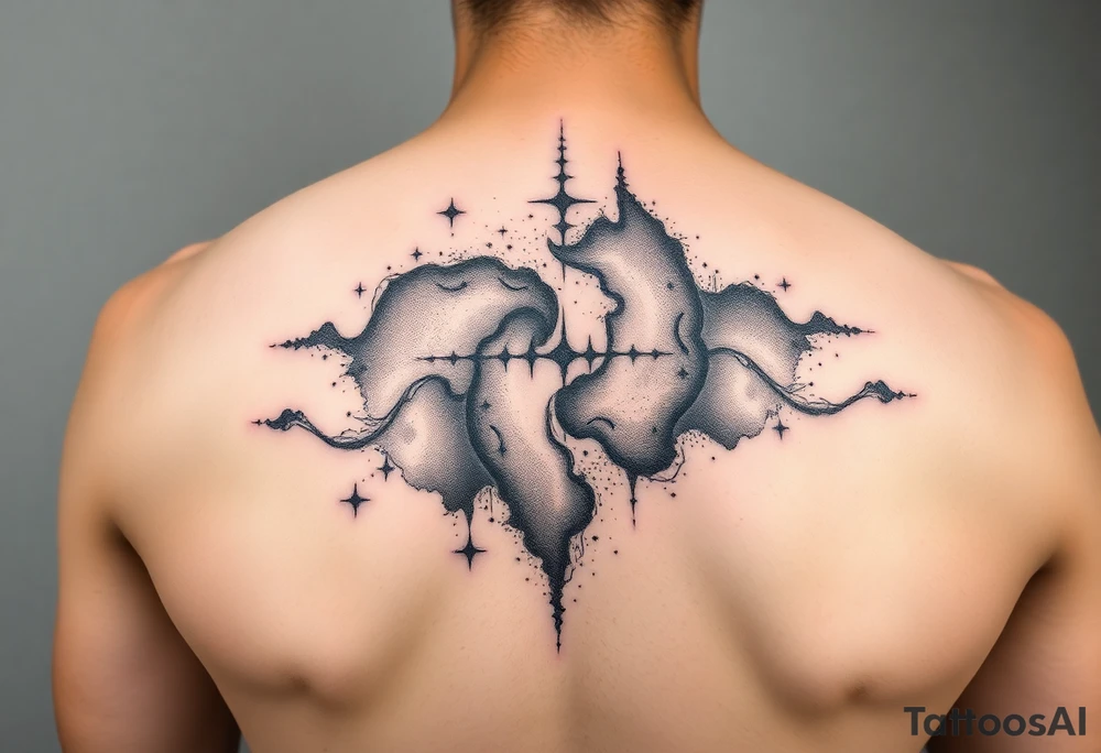 Beautiful and epic 3d milky way that appears to be what is beneath the skin. Make it drape over the shoulder and move to the middle back. use negative spaces to create stars and dust. Incorporate God breathing life into the universe. Keep it symmetrical tattoo idea