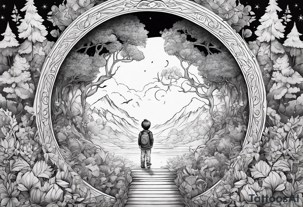 a small boy entering a portal to a fantasy world filled with nature tattoo idea