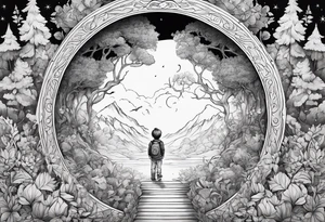 a small boy entering a portal to a fantasy world filled with nature tattoo idea