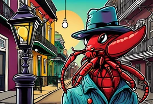 an anthropomorphism crawfish standing by a lamp post in the French Quarter playing a saxophone while wearing a Fedora and Mardi Gras beads around his  neck tattoo idea