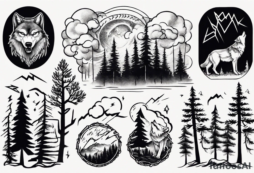 lightning over forest with wolf howling tattoo idea
