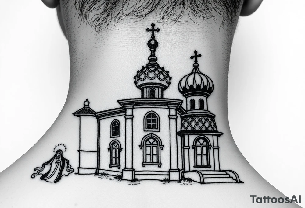 medium sized Russian orthodox church with bulb domes with a prominent russian orthodox style virgin mary stood outside to the left tattoo idea