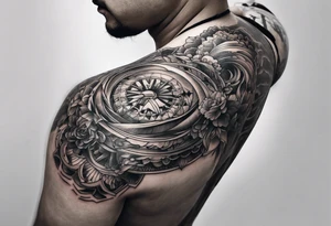 right upper arm tattoo with skin looks like cut  through and mechanical arm is in the back ground tattoo idea