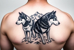 Sled dogs from a side viewwith sled and northern lights and mountains tattoo idea