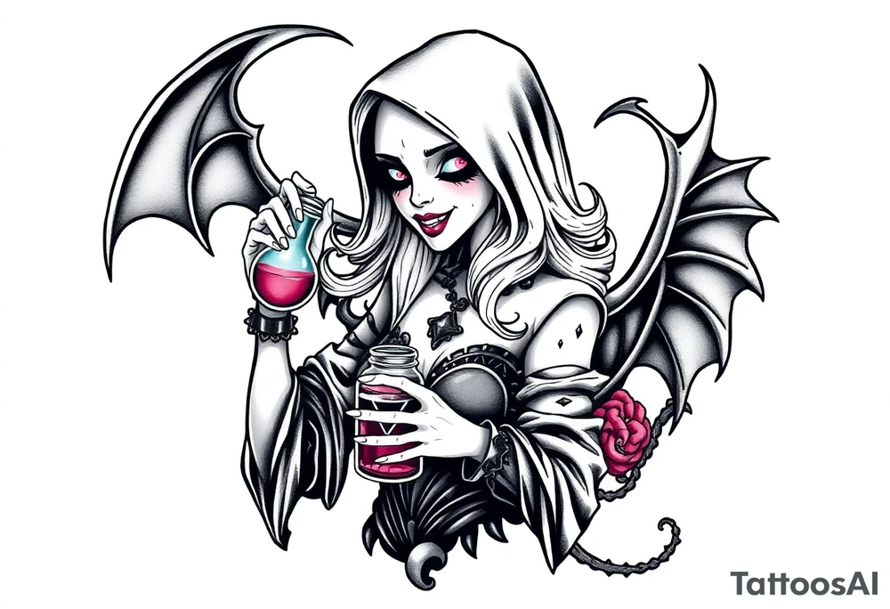 Female grim drinks death potion to get reaper powers tattoo idea
