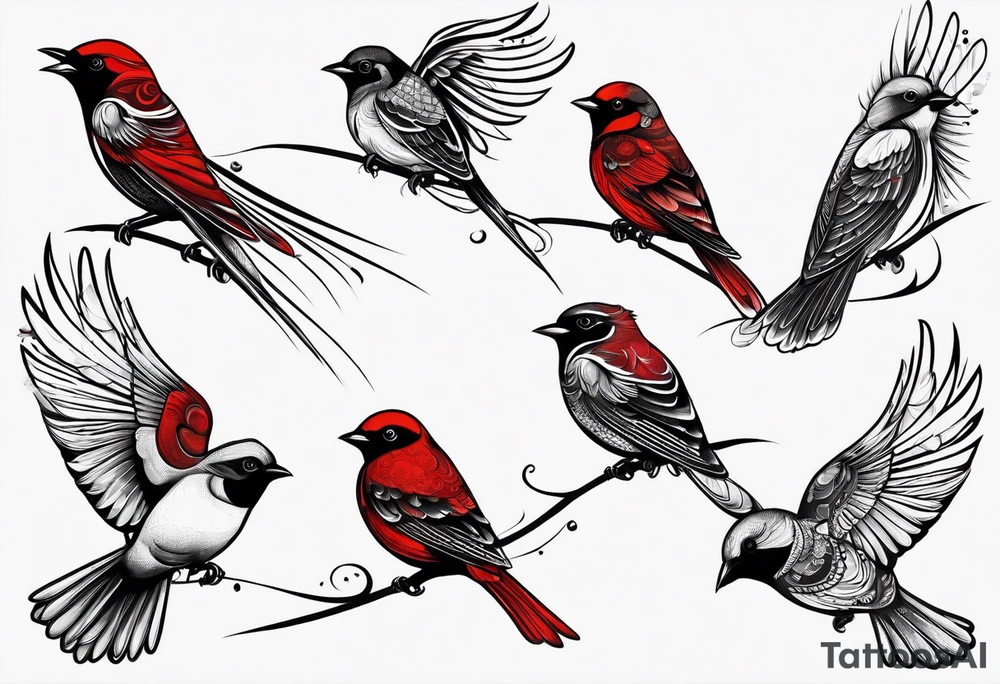 6 very small song birds flying near a red cardianl tattoo idea