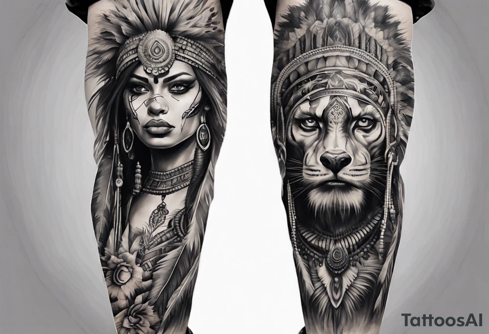 indian realistic leg sleeve with humans and maybe some animals evil looking tattoo idea