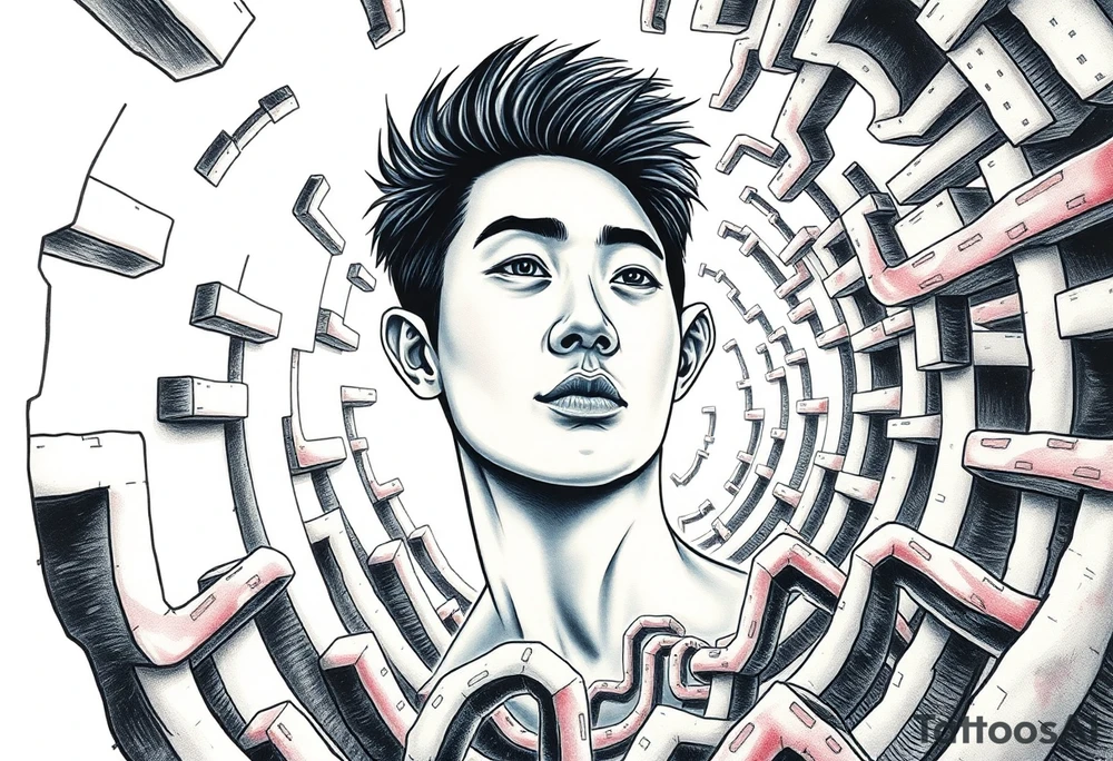 Handsome Asian young guy lost in a nightmarish labyrinth tattoo idea