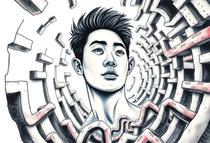 Handsome Asian young guy lost in a nightmarish labyrinth tattoo idea