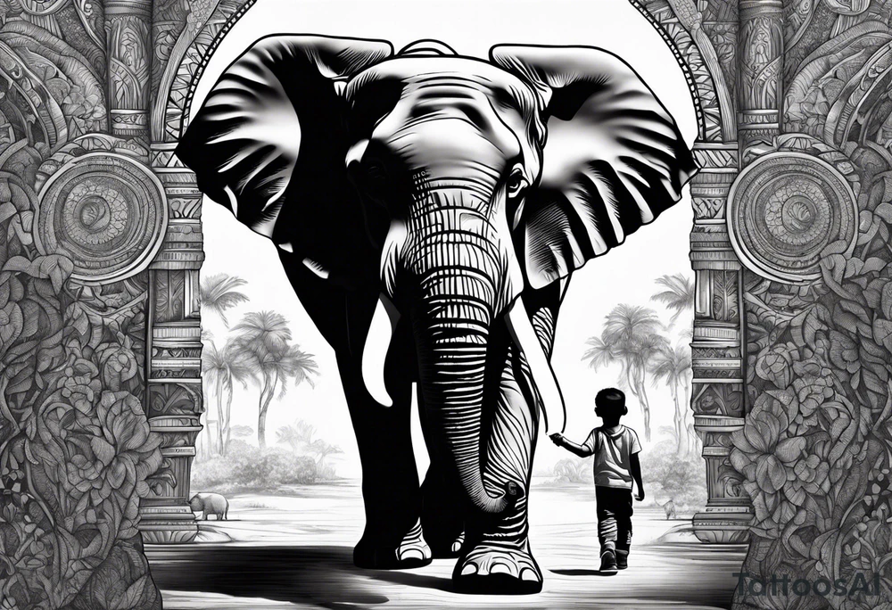 A very detailed elephant facing forward with a boy holding onto the trunk tattoo idea