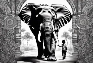 A very detailed elephant facing forward with a boy holding onto the trunk tattoo idea