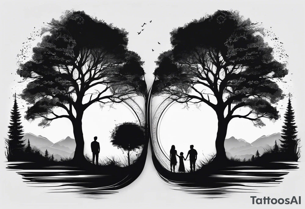 two tall silhouettes of trees and a small person standing between them with the symbol |-/ hidden somewhere in the design tattoo idea