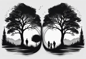 two tall silhouettes of trees and a small person standing between them with the symbol |-/ hidden somewhere in the design tattoo idea