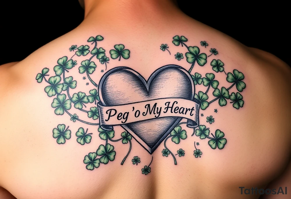 A ton of green shamrocks with a big heart with a banner across the heart that says Peg 'o My Heart tattoo idea