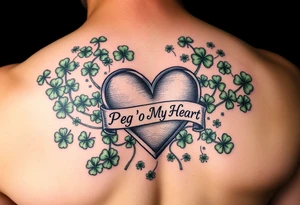 A ton of green shamrocks with a big heart with a banner across the heart that says Peg 'o My Heart tattoo idea